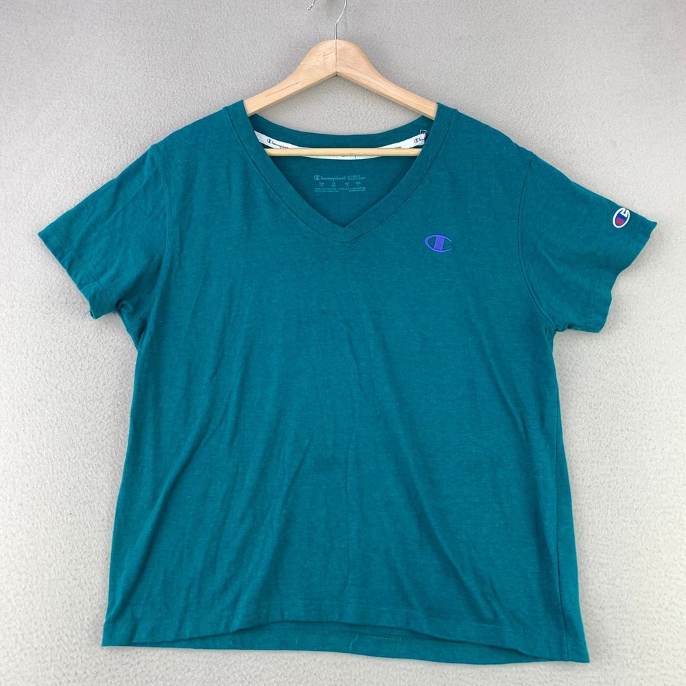 Champion T-Shirt Men Medium Teal Blue Basic V-Neck‎ Short Sleeve Tee Logo